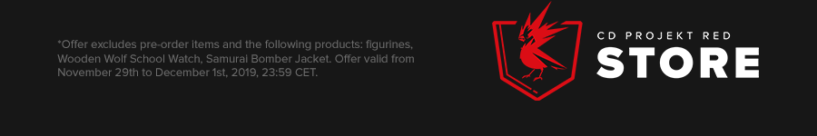 Offer excludes pre-order items and the following products: figurines, Wooden Wolf School Watch, Samurai Bomber Jacket. Offer valid from November 29th to December 1st, 2019, 23:59 CET. 